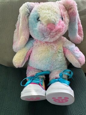 Build-A-Bear Pastel Rainbow Bunny with Teal Ribbon Sneakers